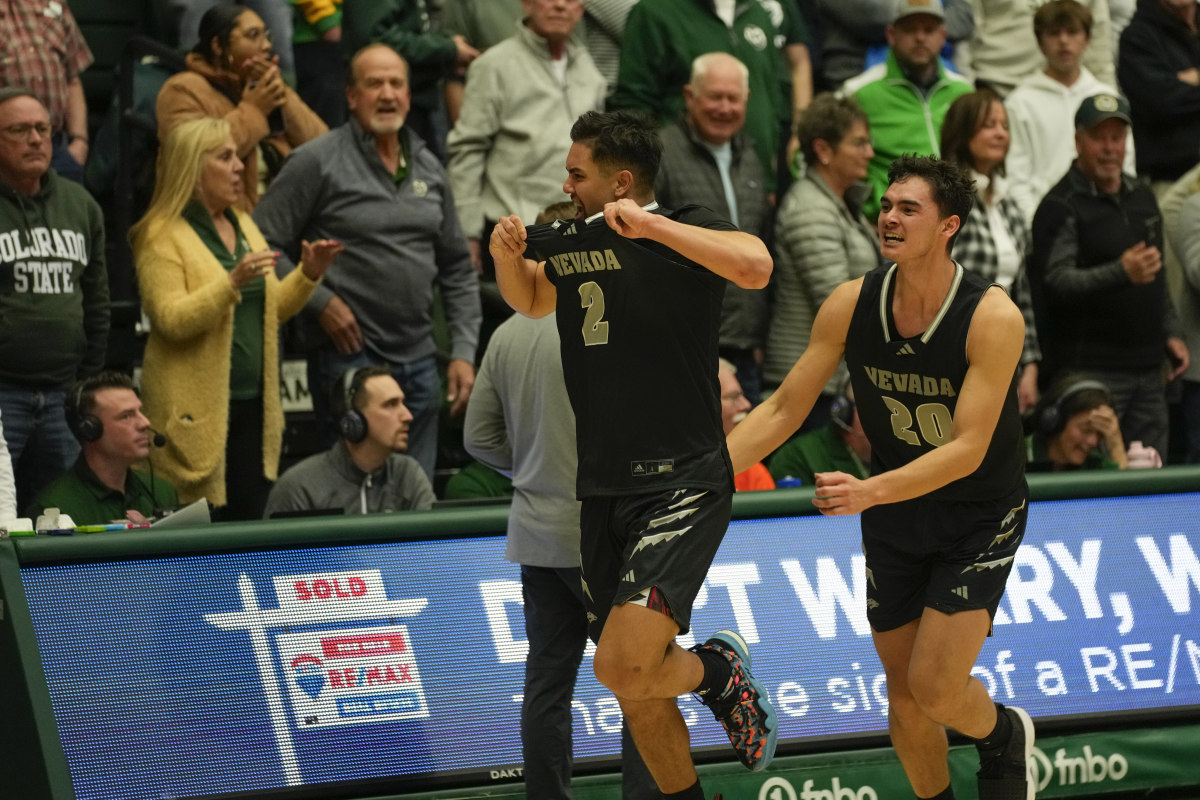 Nevada guard Jarod Lucas (2) celebrates hitting the 3-point buzzer beater to defeat Colorado State Rams 77-74 at Moby Arena in Fort Collins, Colorado.